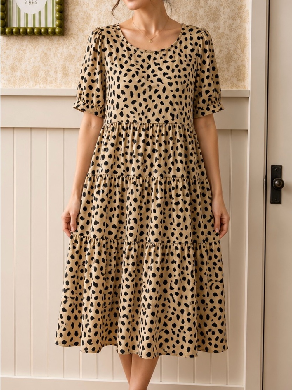 By Together Black Leopard Print on Beige Dress